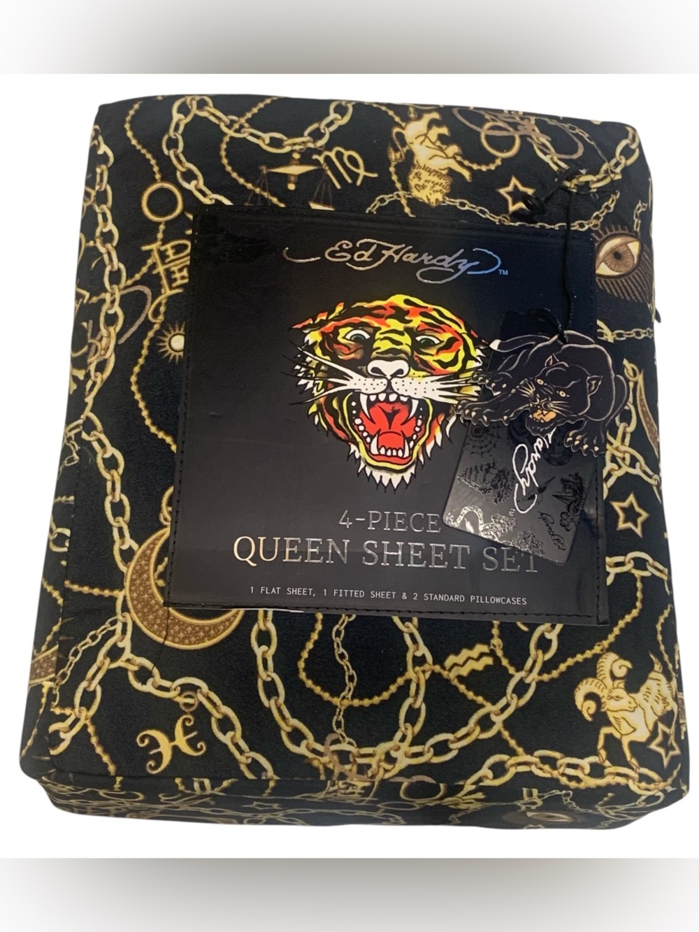 Ed Hardy Black Queen Sheet Set Gold Charm Chains Evil Eye Celestial Lion Moon